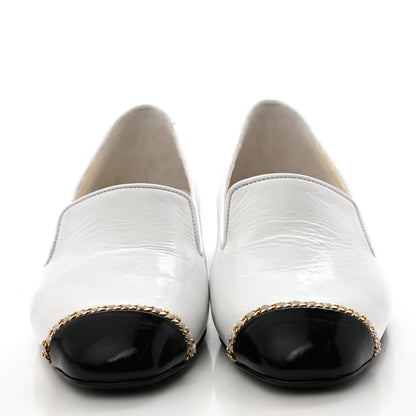 Chanel Patent Cap Toe Chain Moccasin Loafers 36.5 White Black 2 of 8