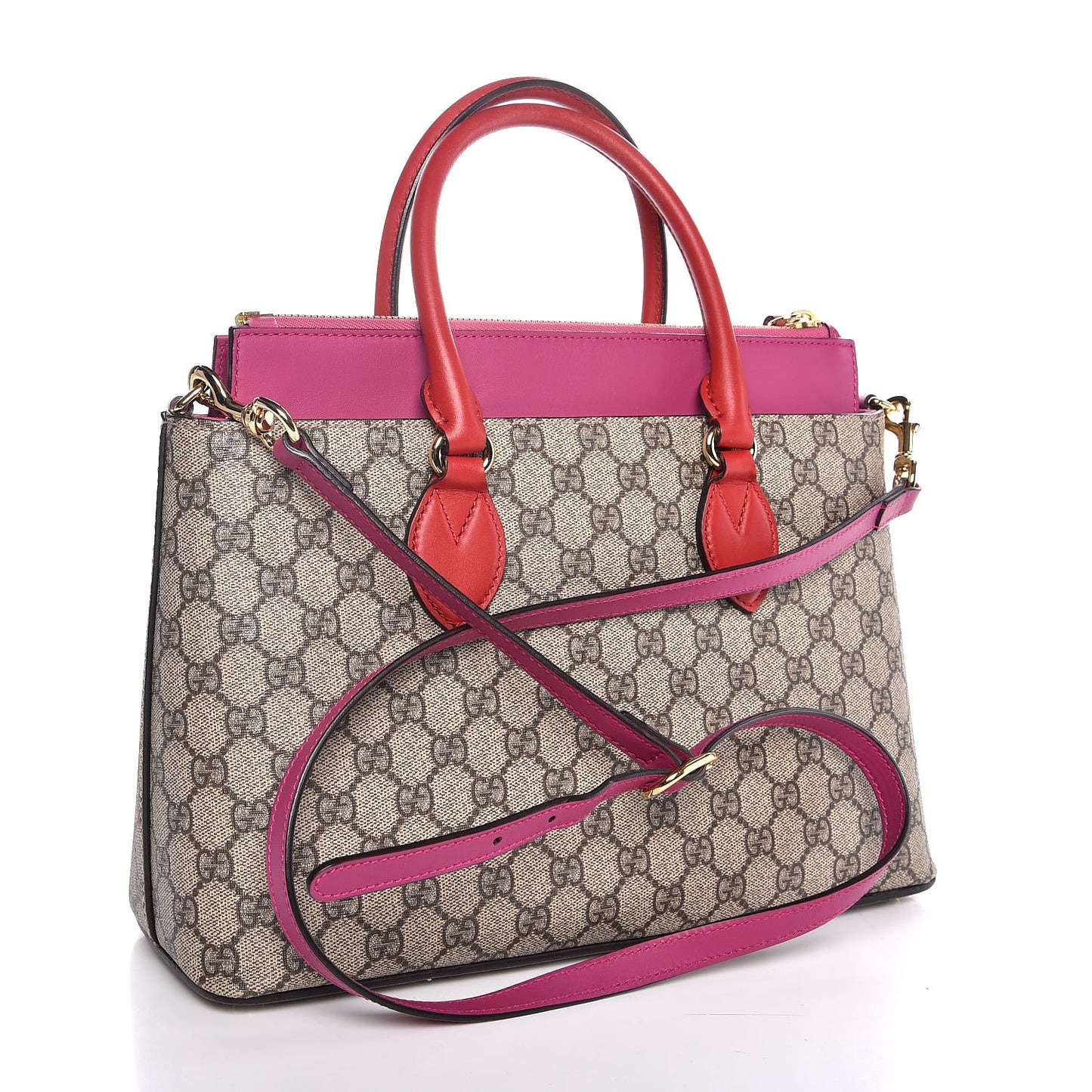 GG Supreme Monogram Moon Calfskin Small Zip Top Tote Beige Ebony Hibiscus Red New Rosette