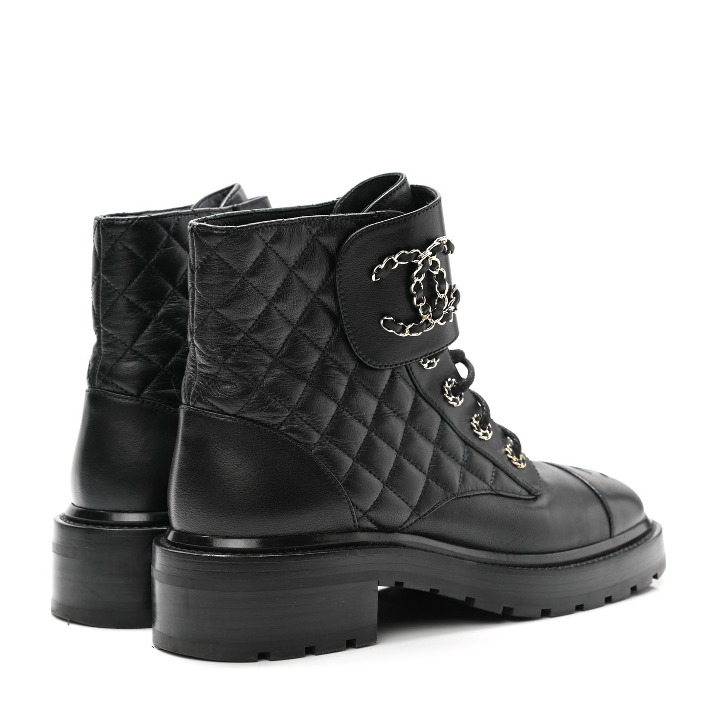Shiny Calfskin Quilted Lace Up Combat Boots 40 Black