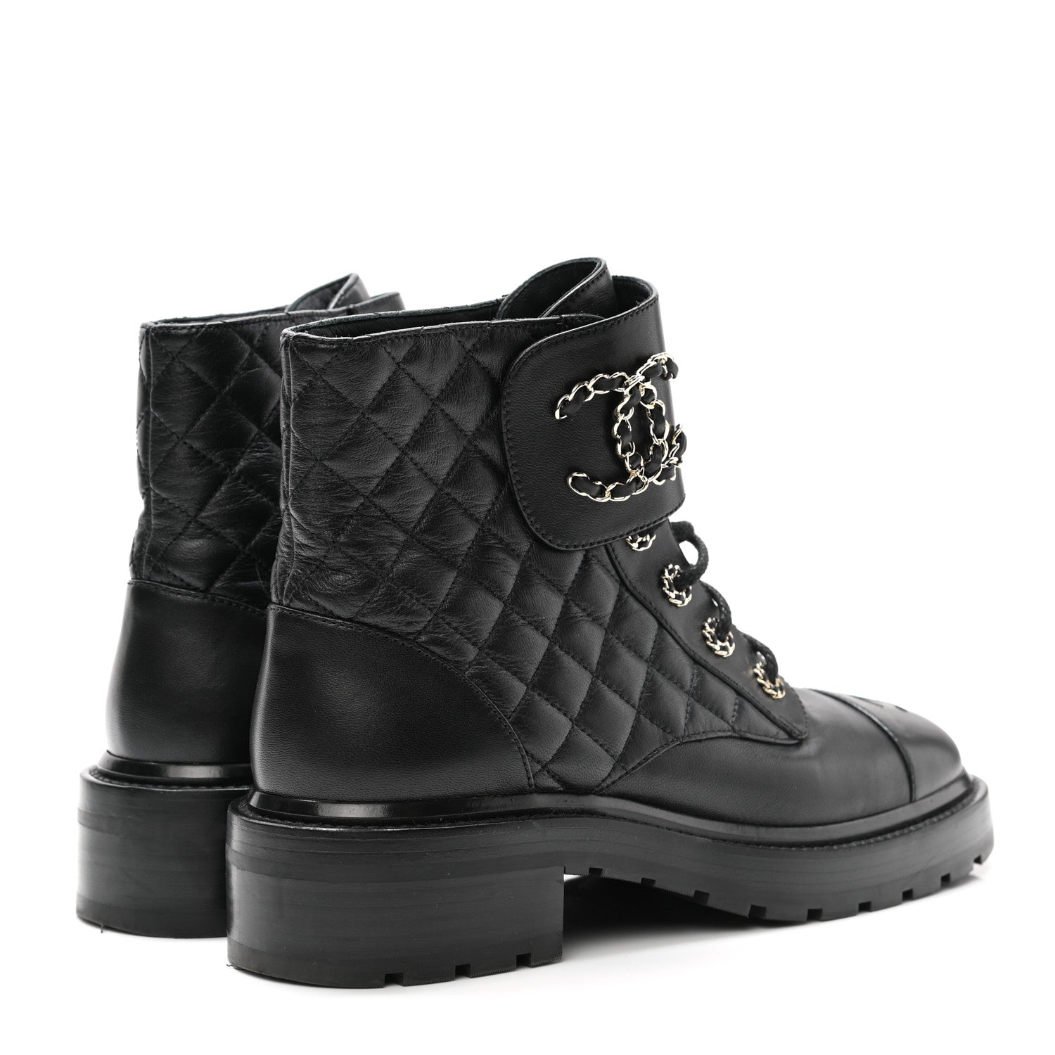 Chanel Shiny Calfskin Quilted Lace Up Combat Boots 40 Black 4 of 9