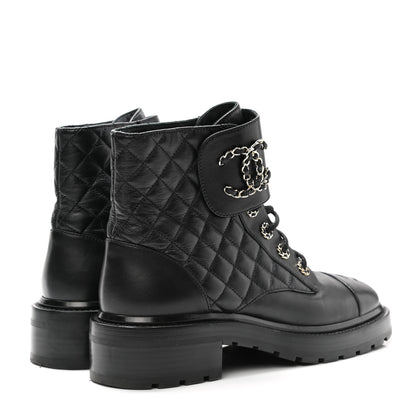 Chanel Shiny Calfskin Quilted Lace Up Combat Boots 40 Black 4 of 9