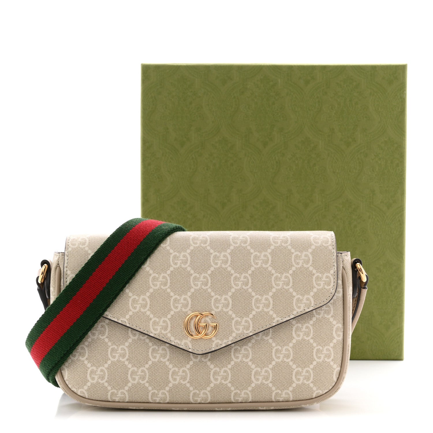 Gucci GG Supreme Monogram Textured Dollar Calfskin Web Mini Ophidia Envelope Shoulder Bag Beige Mystic White Oatmeal 12 of 12