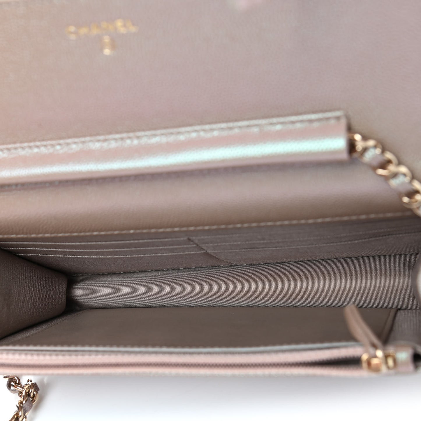 Iridescent Caviar Quilted Wallet On Chain WOC Beige