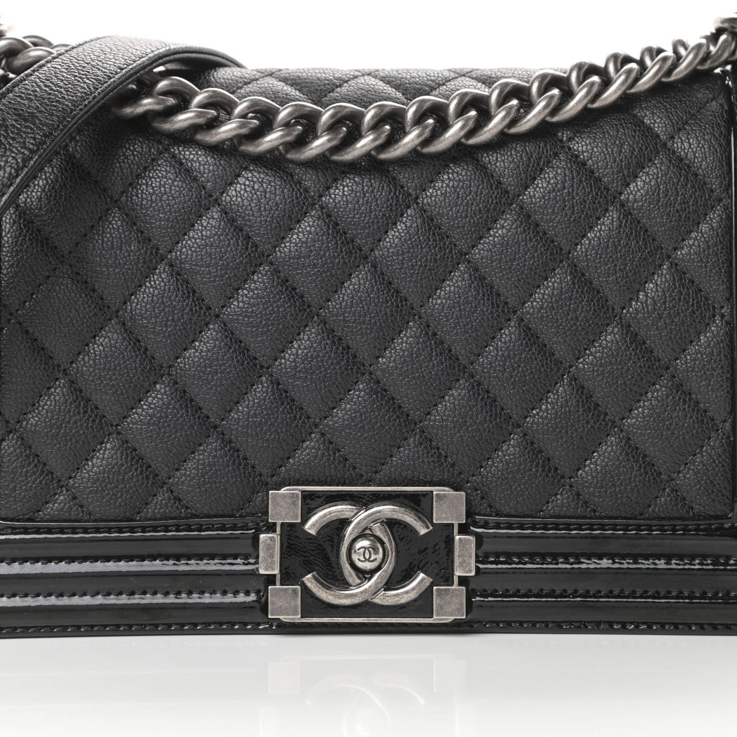 Goatskin Quilted Patent Medium Duo Boy Flap Black