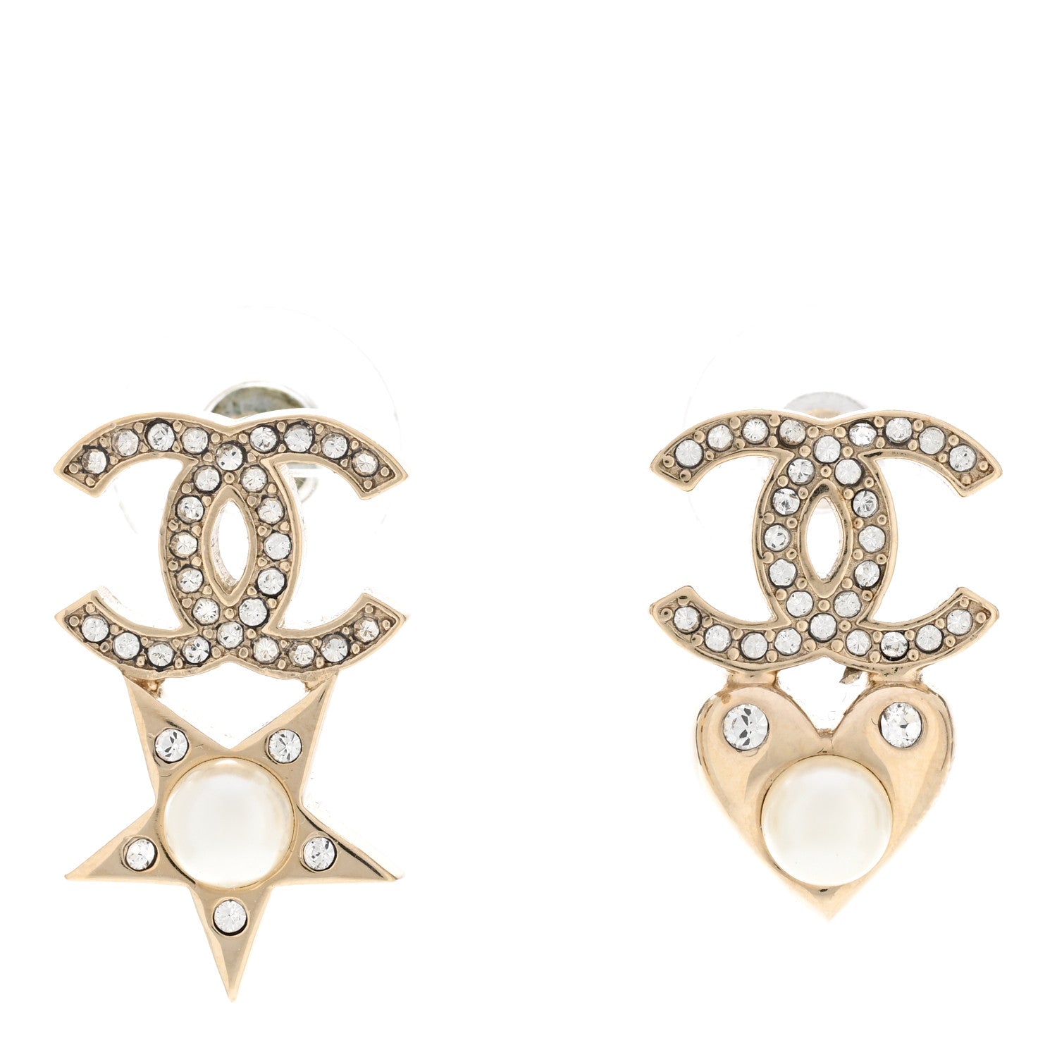 Chanel Crystal Pearl Charming Winter CC Star Heart Earrings Gold 1 of 5