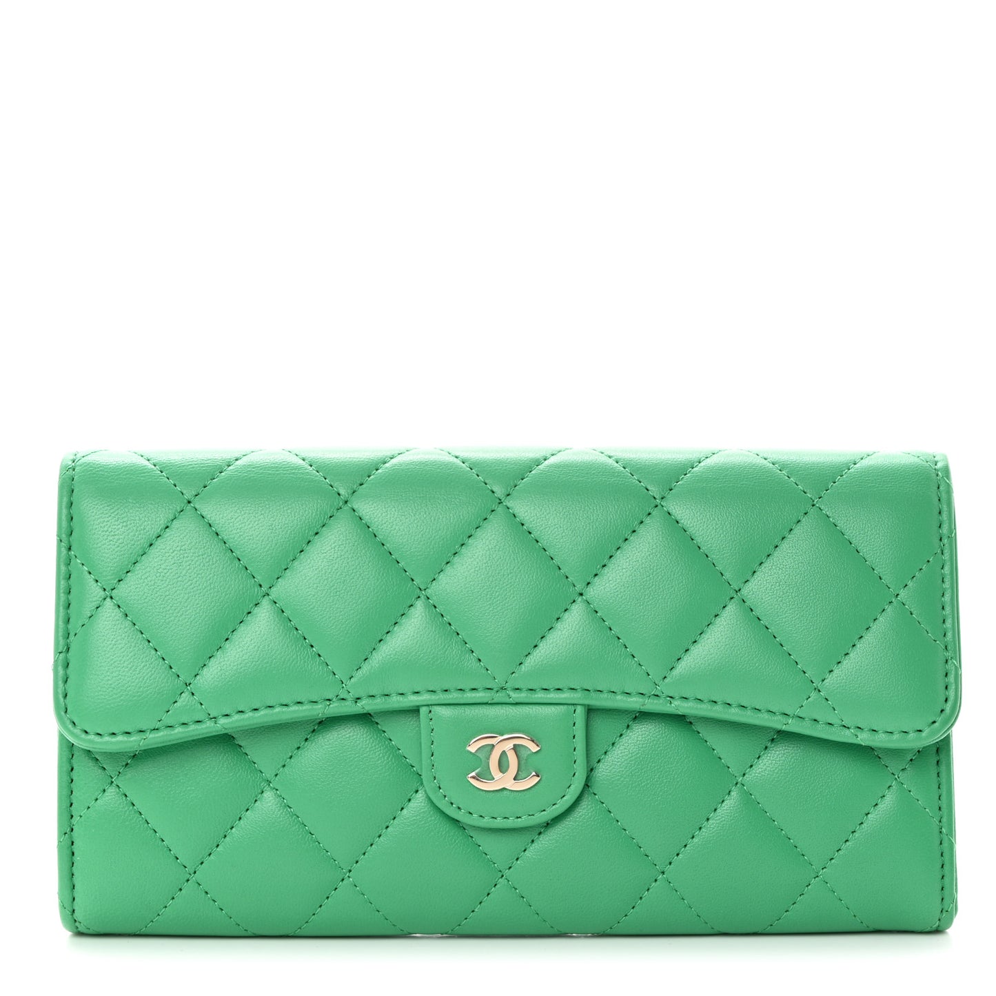 Lambskin Quilted Large Gusset Flap Wallet Green