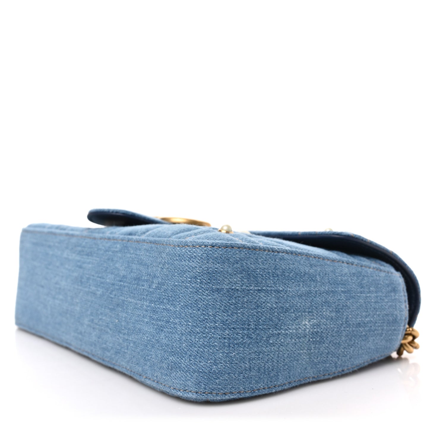 Denim Matelasse Pearl Studded Small GG Marmont Shoulder Bag Blue