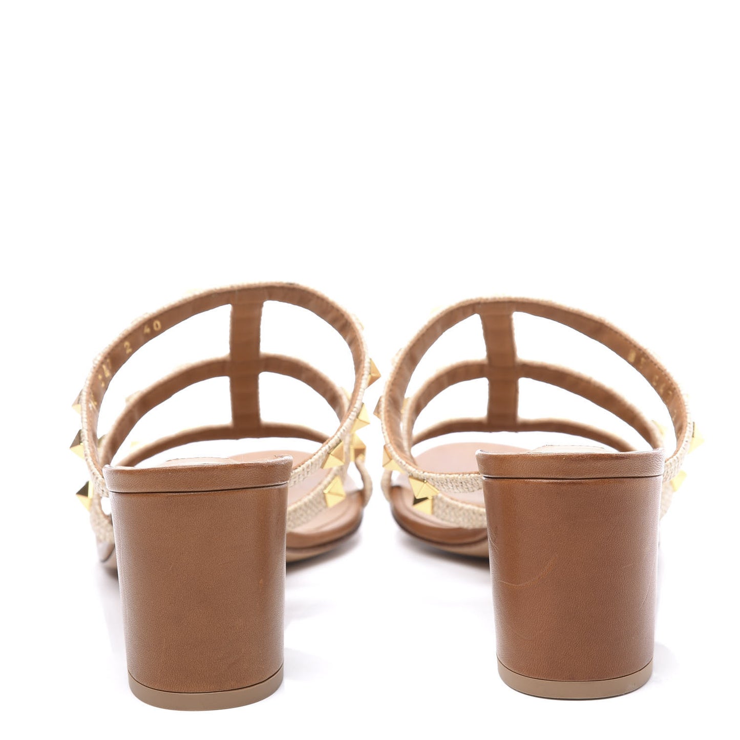Raffia Calfskin Rockstud 60mm Caged Slide Sandals 40 Naturale