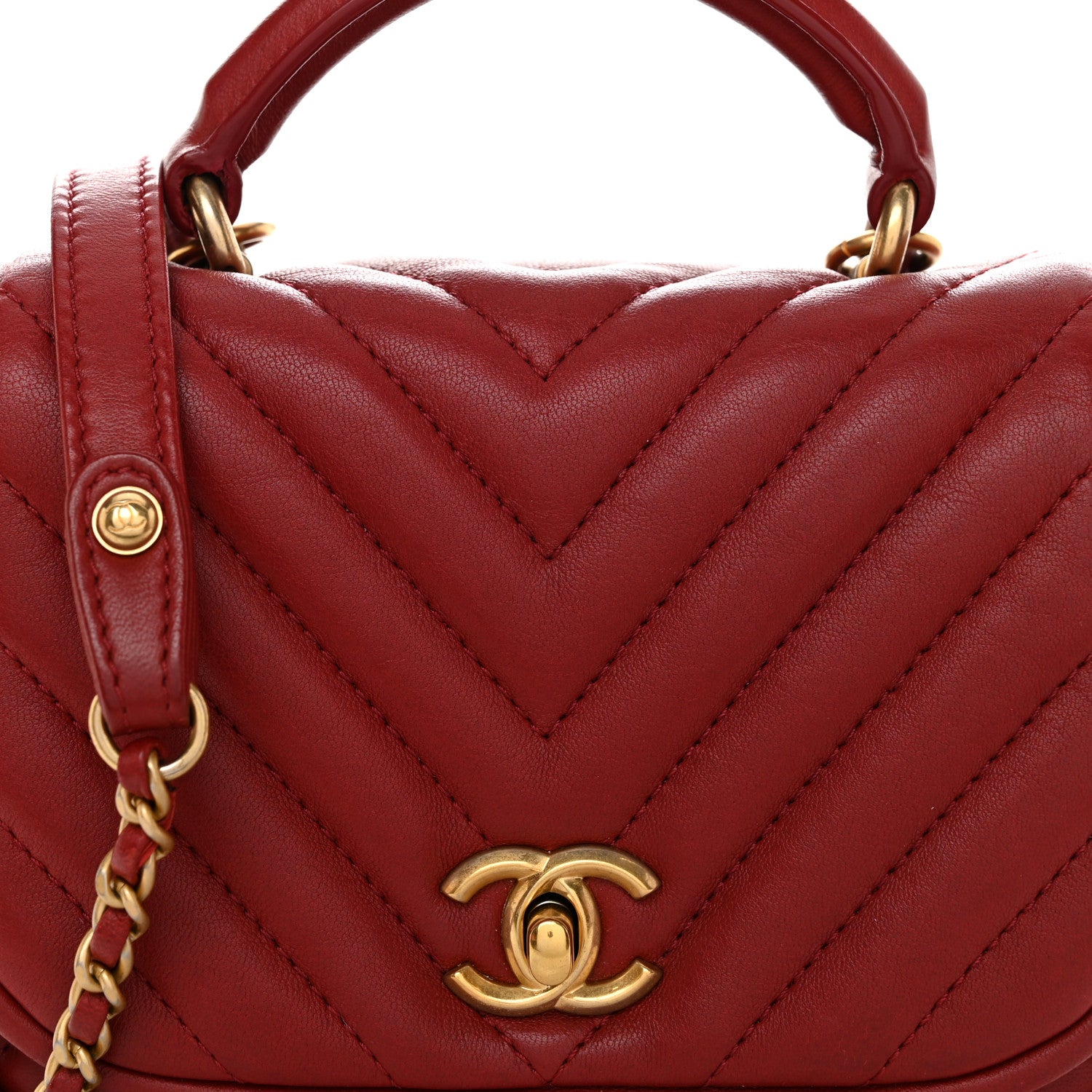 Chanel Lambskin Reverse Chevron Quilted Mini Round Top Handle Flap Red 8 of 10