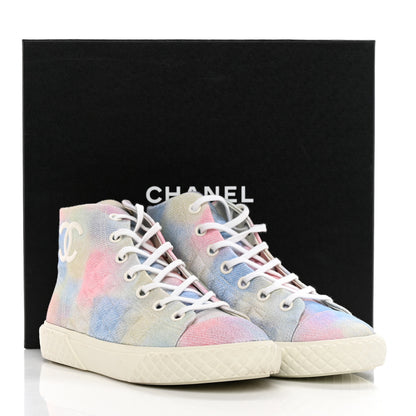 Chanel Printed Fabric Quilted High Top Sneakers 38.5 Green Pink Blue 13 of 13