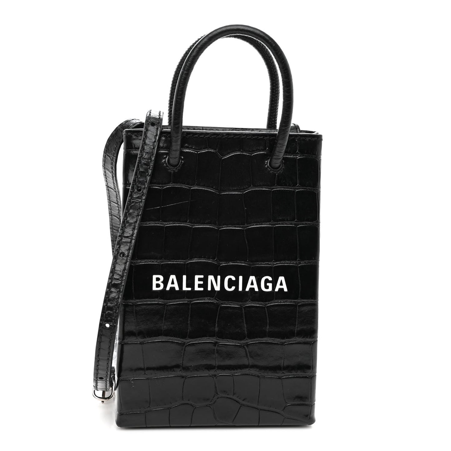 Calfskin Crocodile Embossed Logo Shopping Phone Holder Bag Black