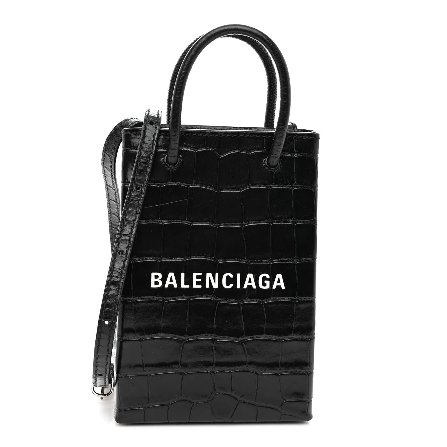 Balenciaga Calfskin Crocodile Embossed Logo Shopping Phone Holder Bag Black 1 of 9