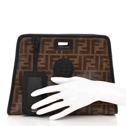 Fendi Glazed Fabric Vitello Century FF 1974 Stamp Patch Mini Peekaboo Defender Cover Mogano Panna Black 2 of 11