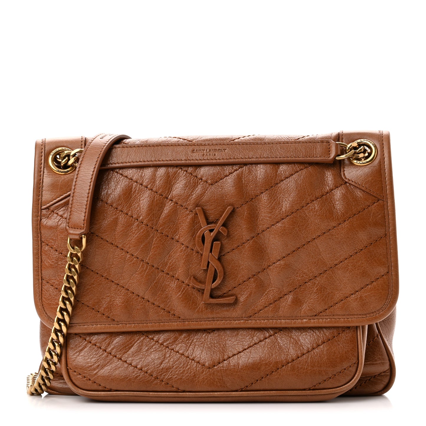 Crinkled Calfskin Matelasse Monogram Medium Niki Chain Satchel Caramel