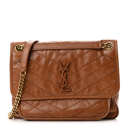 Saint Laurent Crinkled Calfskin Matelasse Monogram Medium Niki Chain Satchel Caramel 1 of 10