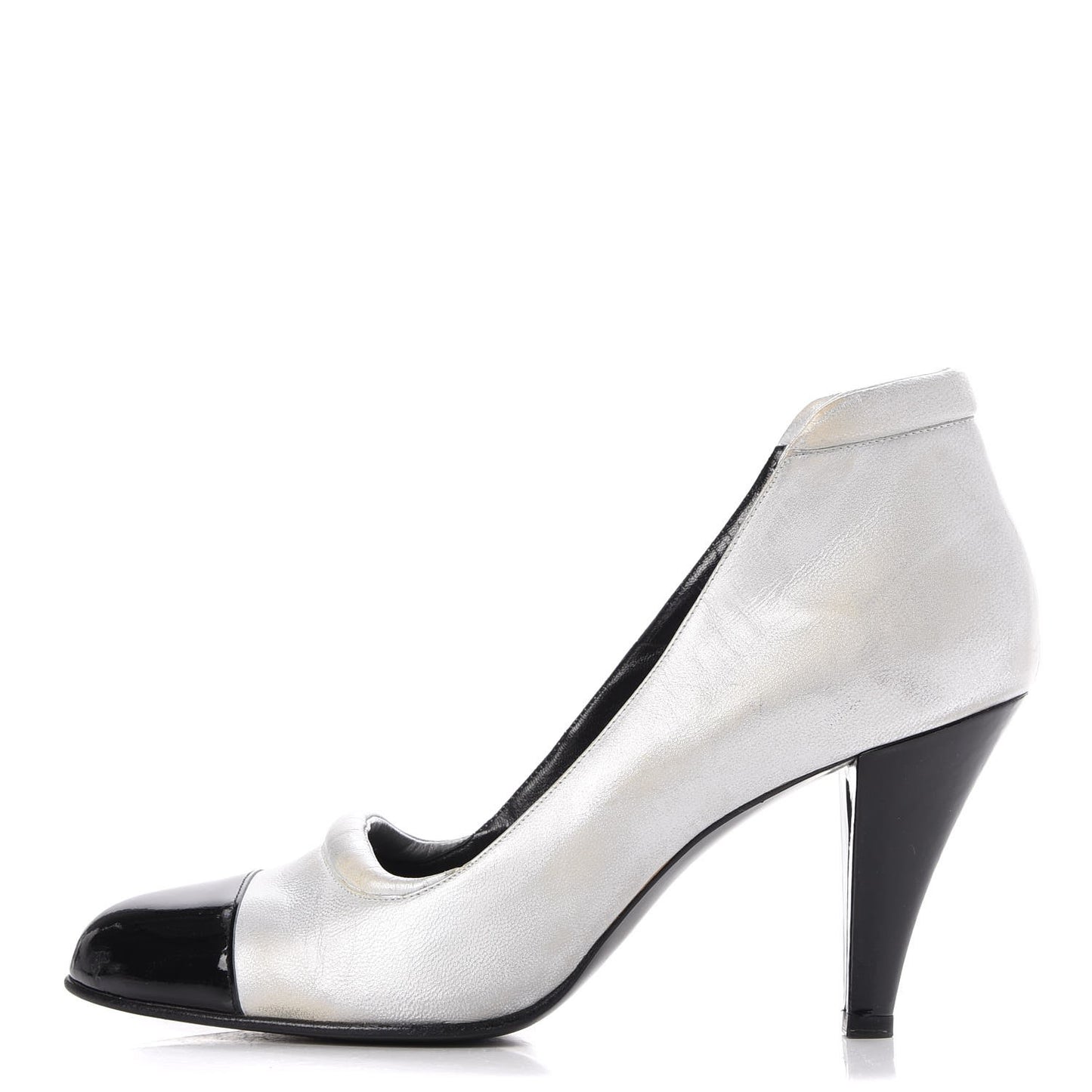 Metallic Lambskin Patent Cap Toe CC Pumps 39.5 Silver Black