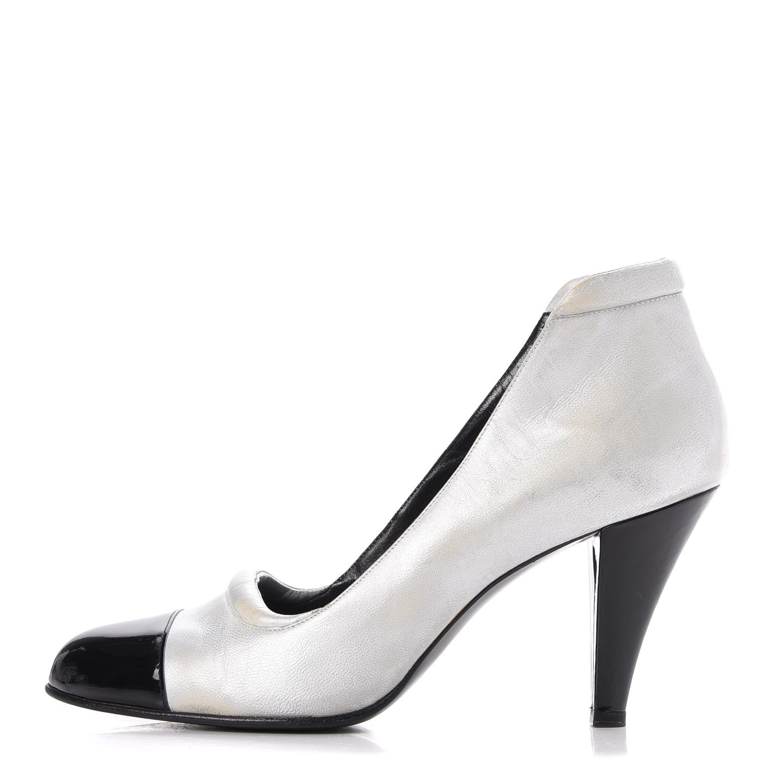 Chanel Metallic Lambskin Patent Cap Toe CC Pumps 39.5 Silver Black 1 of 19