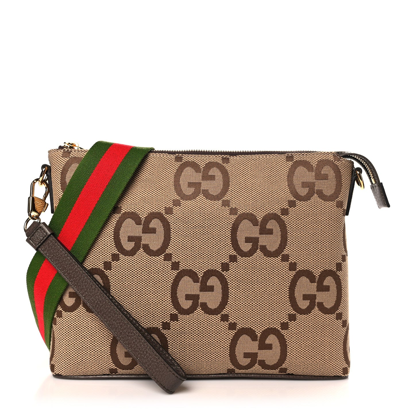Monogram Jumbo GG Textured Dollar Calfskin Web Wristlet Messenger Bag Camel Ebony New Acero