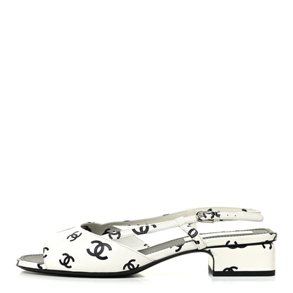 Chanel Printed Lambskin CC Slingback Sandals 40 White Black 1 of 12