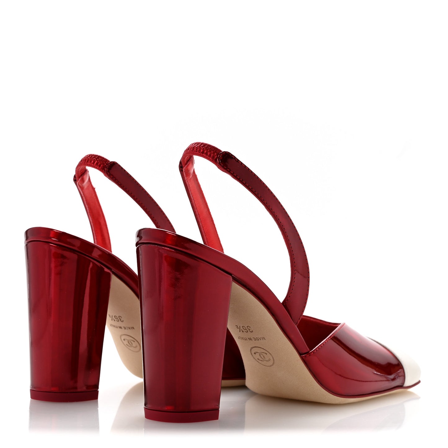 Laminated Calfskin Lambskin Cap Toe CC Slingback Pumps 36.5 Red Ivory