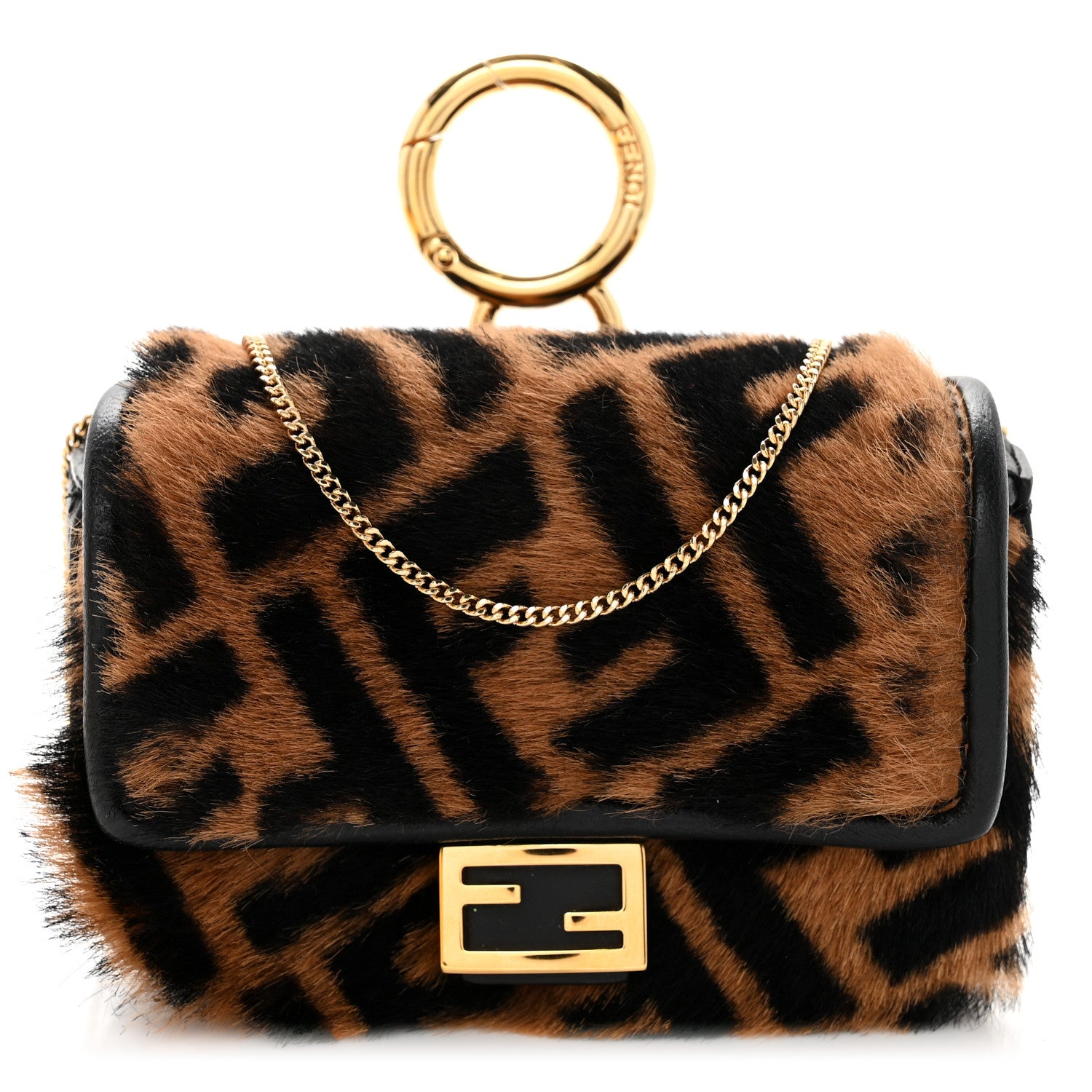 Fendi Sheared Sheepskin Vitello King FF Nano Baguette Charm Tobacco Moro Black 1 of 8