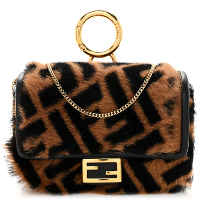 Fendi Sheared Sheepskin Vitello King FF Nano Baguette Charm Tobacco Moro Black 1 of 8