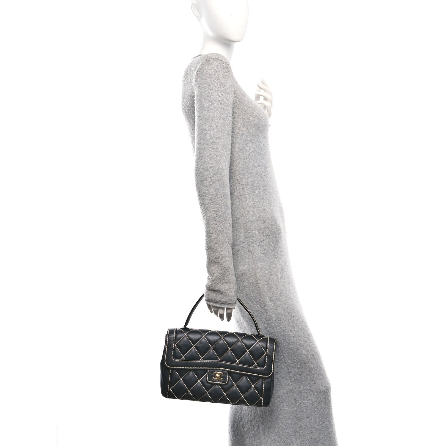 Chanel Calfskin Quilted Wild Stitch Large Top Handle Flap Black 2 of 14