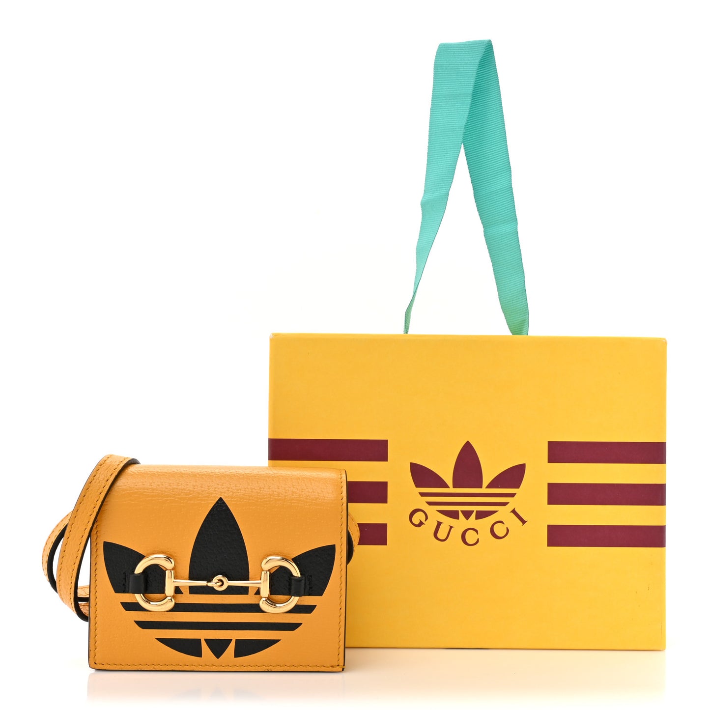 X ADIDAS Textured Dollar Calfskin Trefoil Horsebit 1955 Card Case Wallet With Strap Crop Black