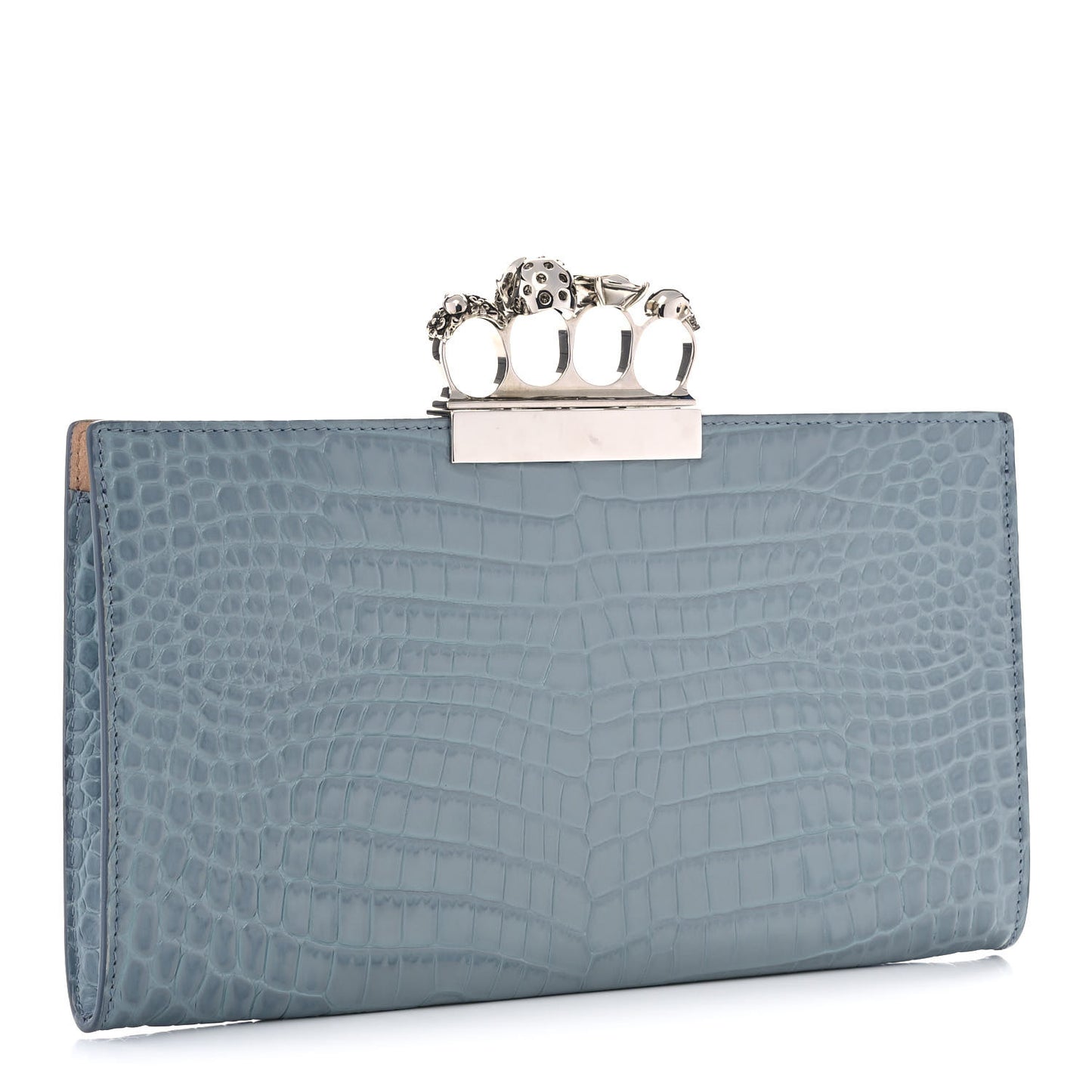 Calfskin Crocodile Embossed Knuckle Flat Clutch Black
