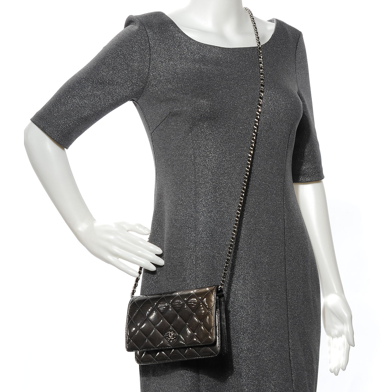 Chanel Patent Quilted Wallet On Chain WOC Dark Grey 2 of 7