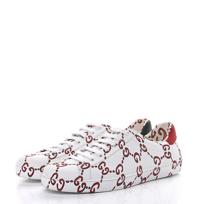 Gucci Calfskin GucciGhost Print Mens Ace Sneakers 10.5 White Hibiscus Red 3 of 7
