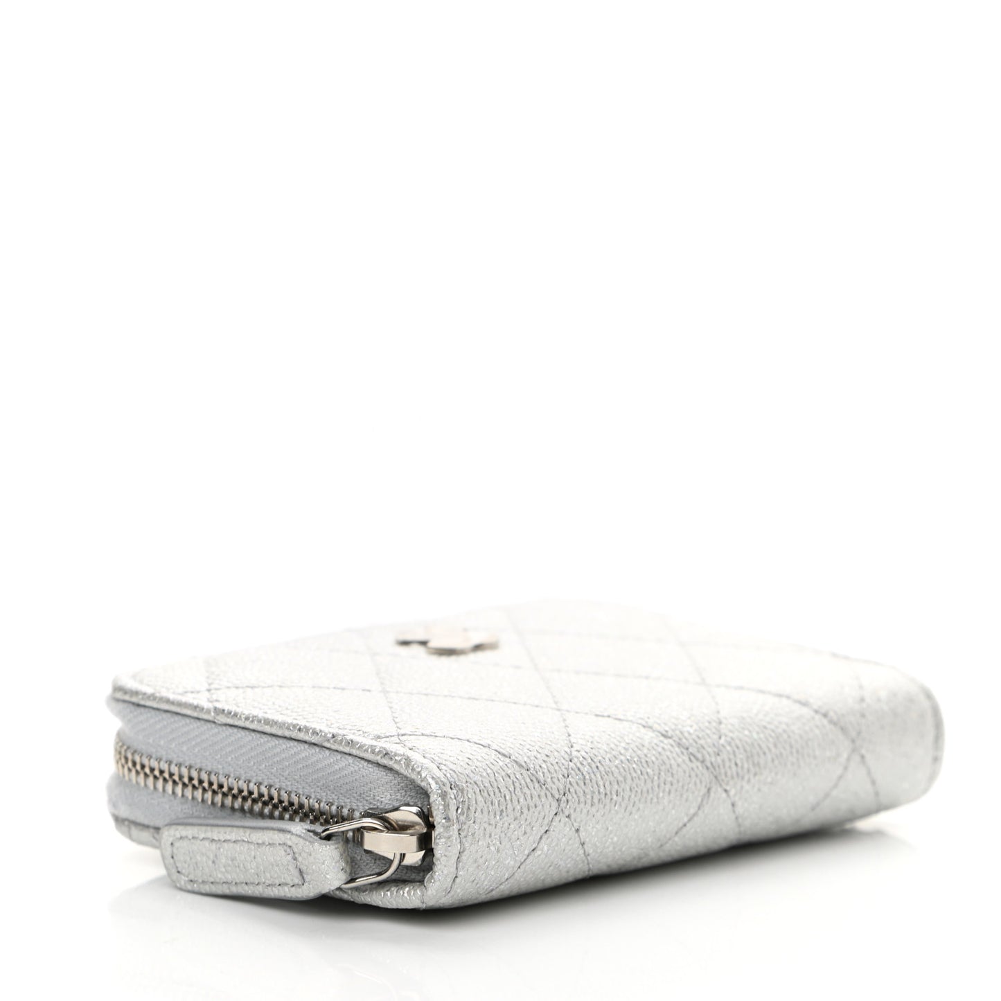 Glittered Metallic Caviar Quilted Zip Coin Purse Wallet Silver