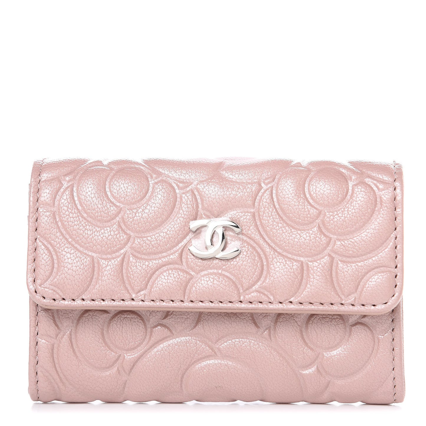 Goatskin Camellia Embossed Card Holder Wallet Light Pink