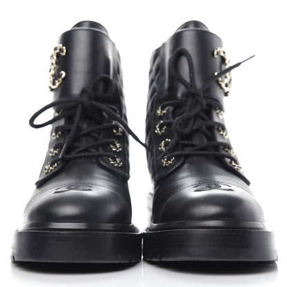 Chanel Lambskin Calfskin Quilted Lace Up Combat Boots 40 Black 2 of 13