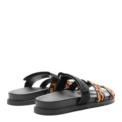 Hermes Moire Calfskin Suede Goatskin Womens Leopard Chypre Sandals 40 Gold Black 5 of 9