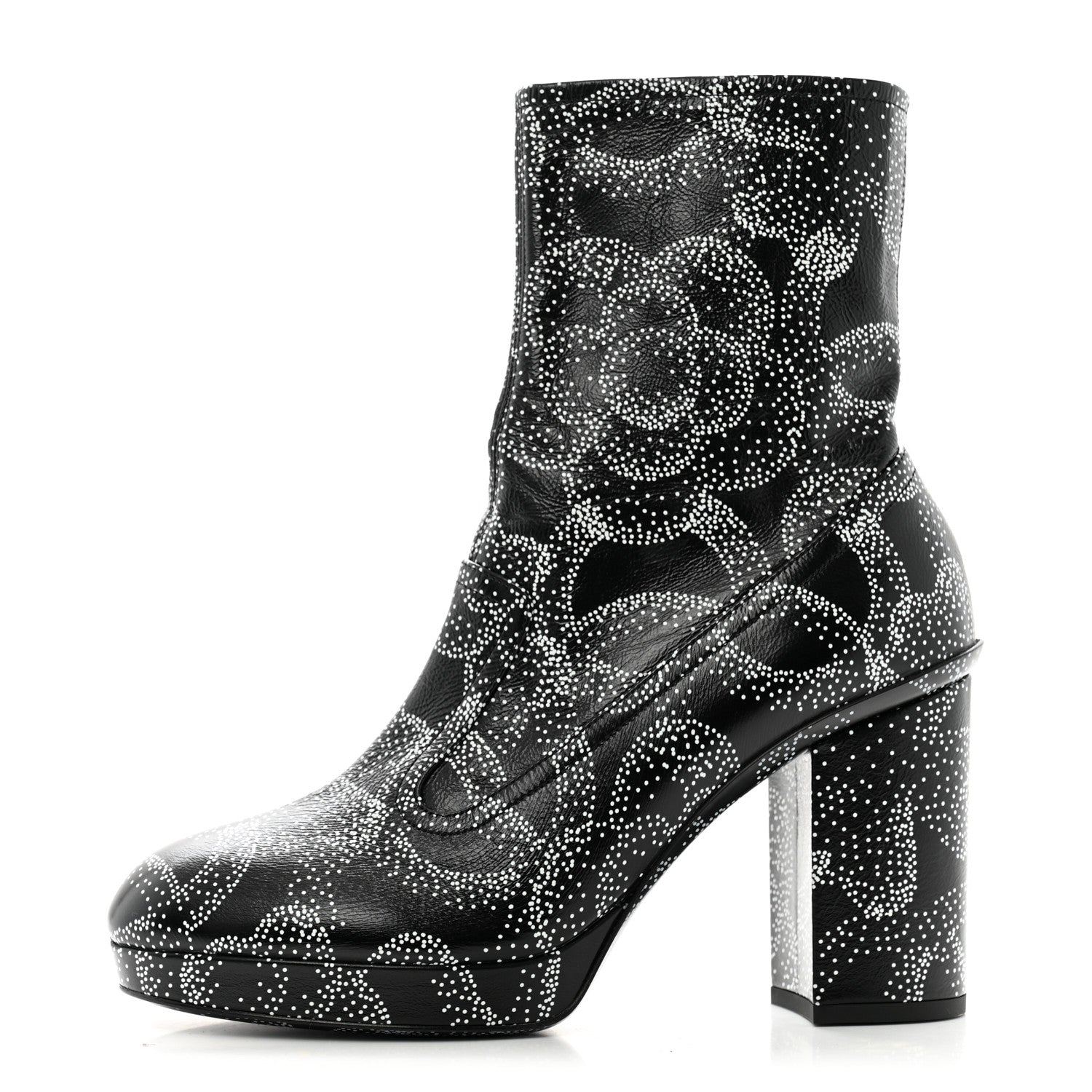Chanel Calfskin Camellia Printed Ankle Boots 39 Black White 1 of 9