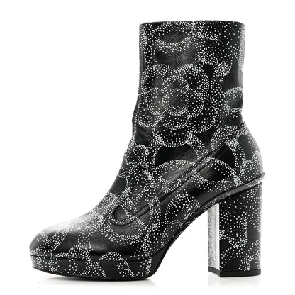 Chanel Calfskin Camellia Printed Ankle Boots 39 Black White 1 of 9