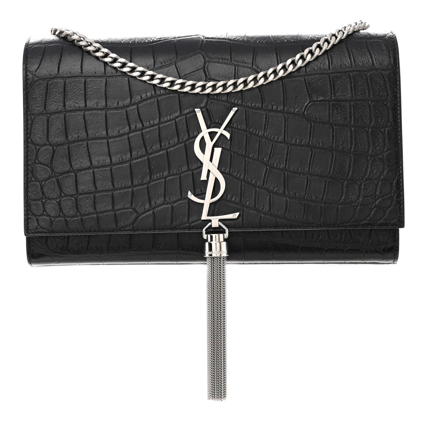 Calfskin Crocodile Embossed Medium Classic Monogram Kate Tassel Satchel Black
