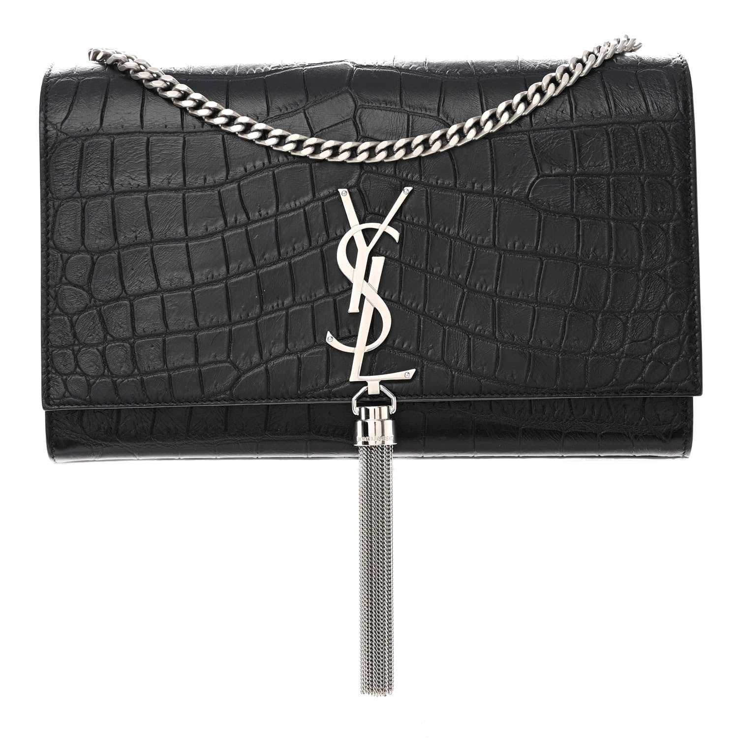 Saint Laurent Calfskin Crocodile Embossed Medium Classic Monogram Kate Tassel Satchel Black 1 of 10