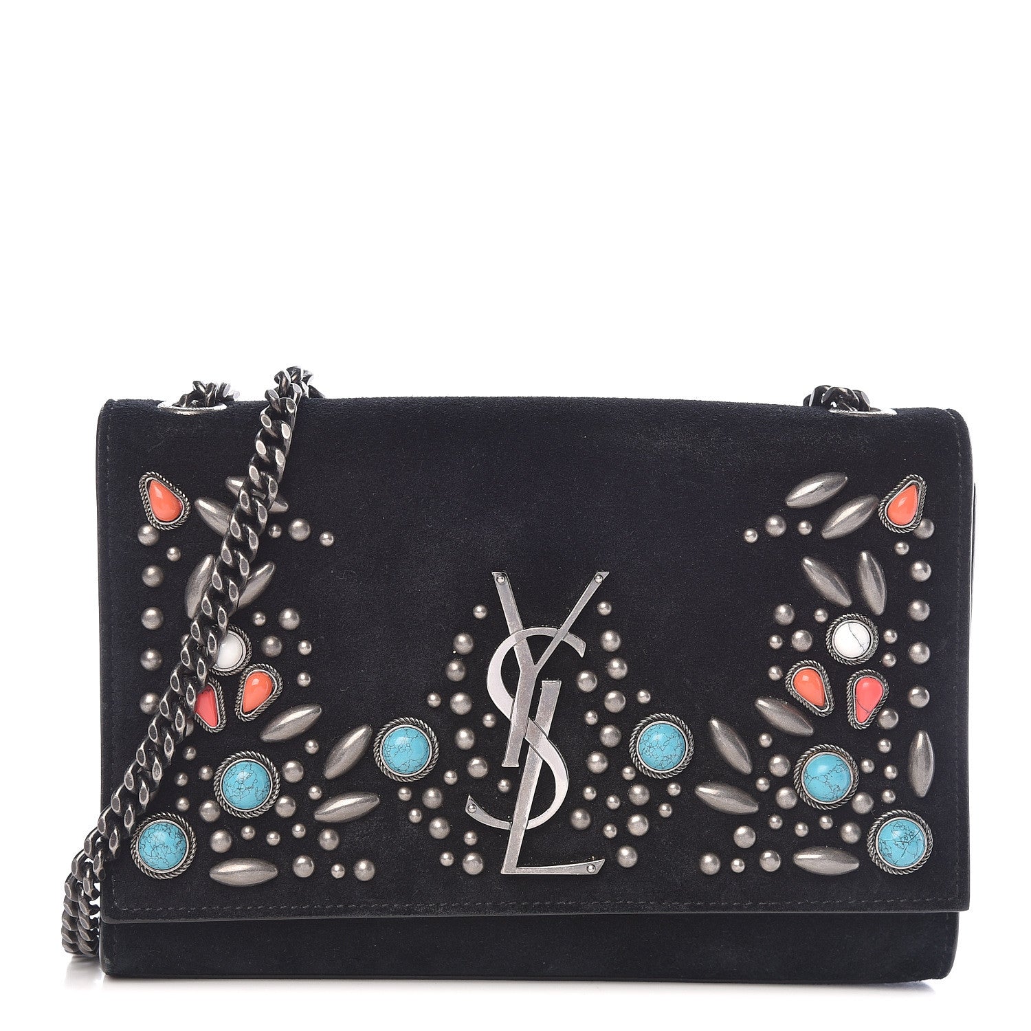 Saint Laurent Suede Small Monogram Stone Studded Kate Satchel Black Turquoise Coral 1 of 23