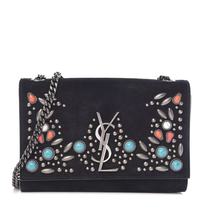 Saint Laurent Suede Small Monogram Stone Studded Kate Satchel Black Turquoise Coral 1 of 23