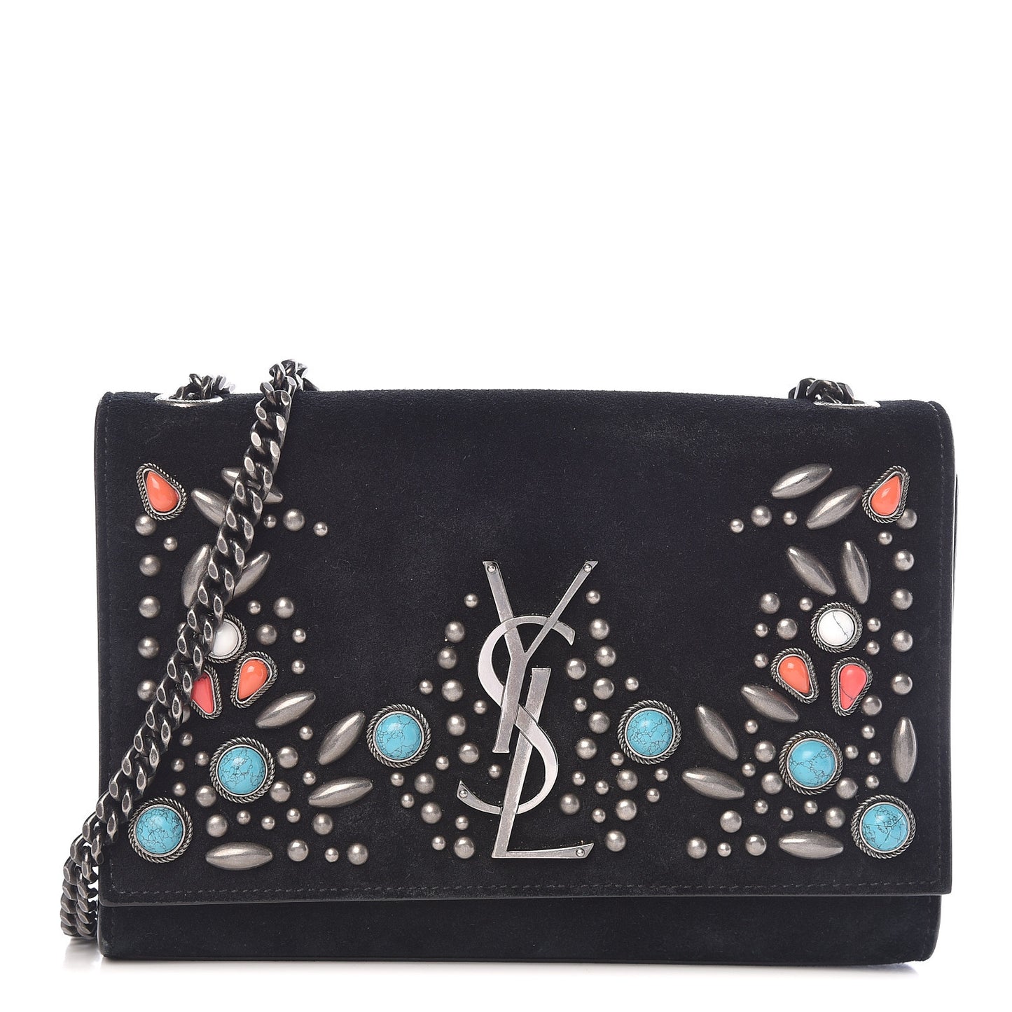 Suede Small Monogram Stone Studded Kate Satchel Black Turquoise Coral