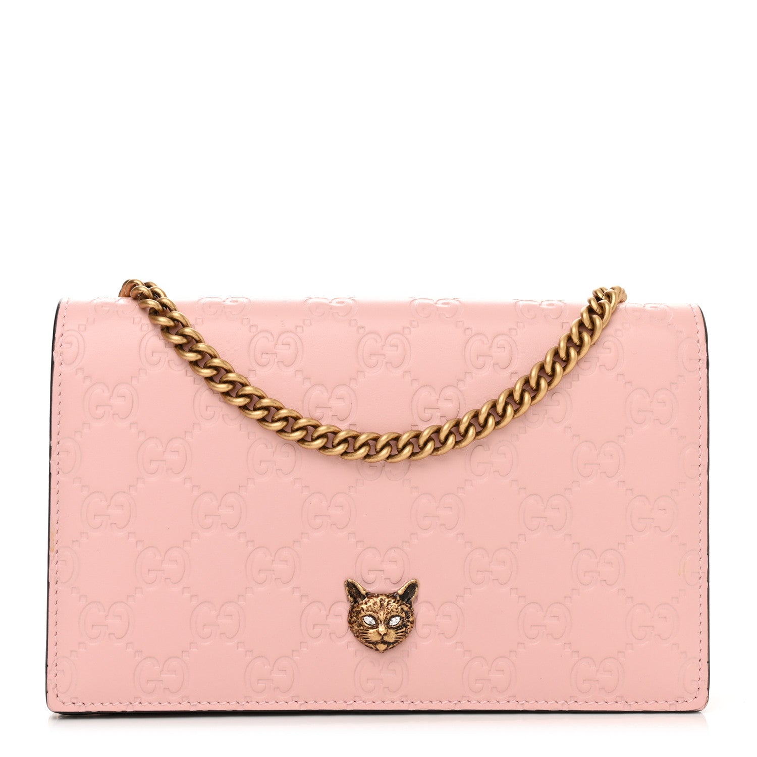 Gucci Guccissima Signature Crystal Cat Chain Wallet Light Candy Pink 1 of 10