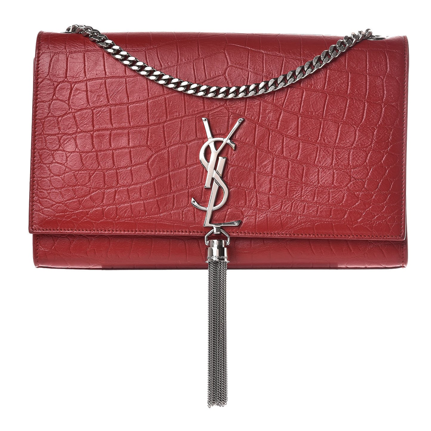 Calfskin Crocodile Embossed Medium Classic Monogram Kate Tassel Satchel Red