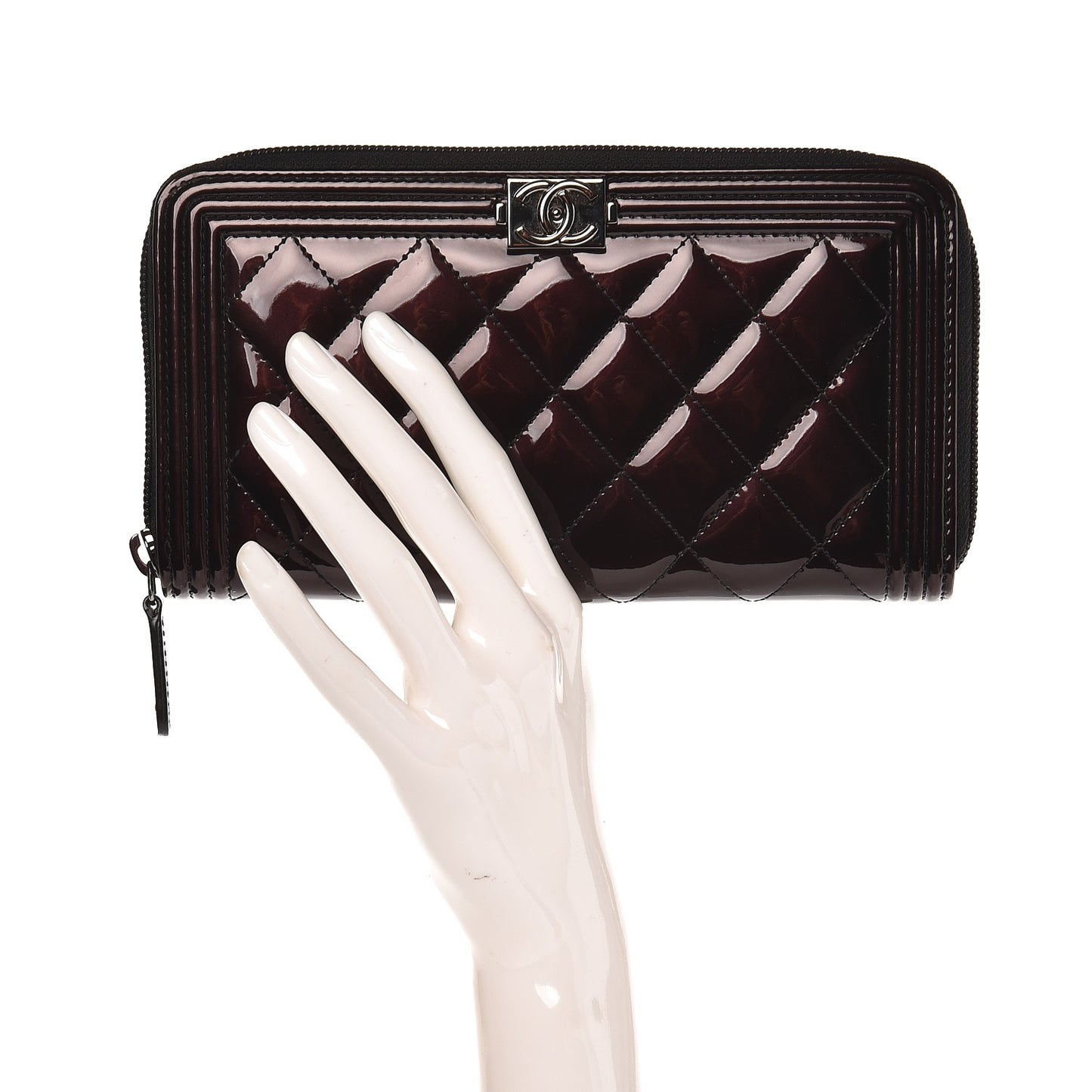 Patent Quilted Boy Zip Around Wallet Burgundy