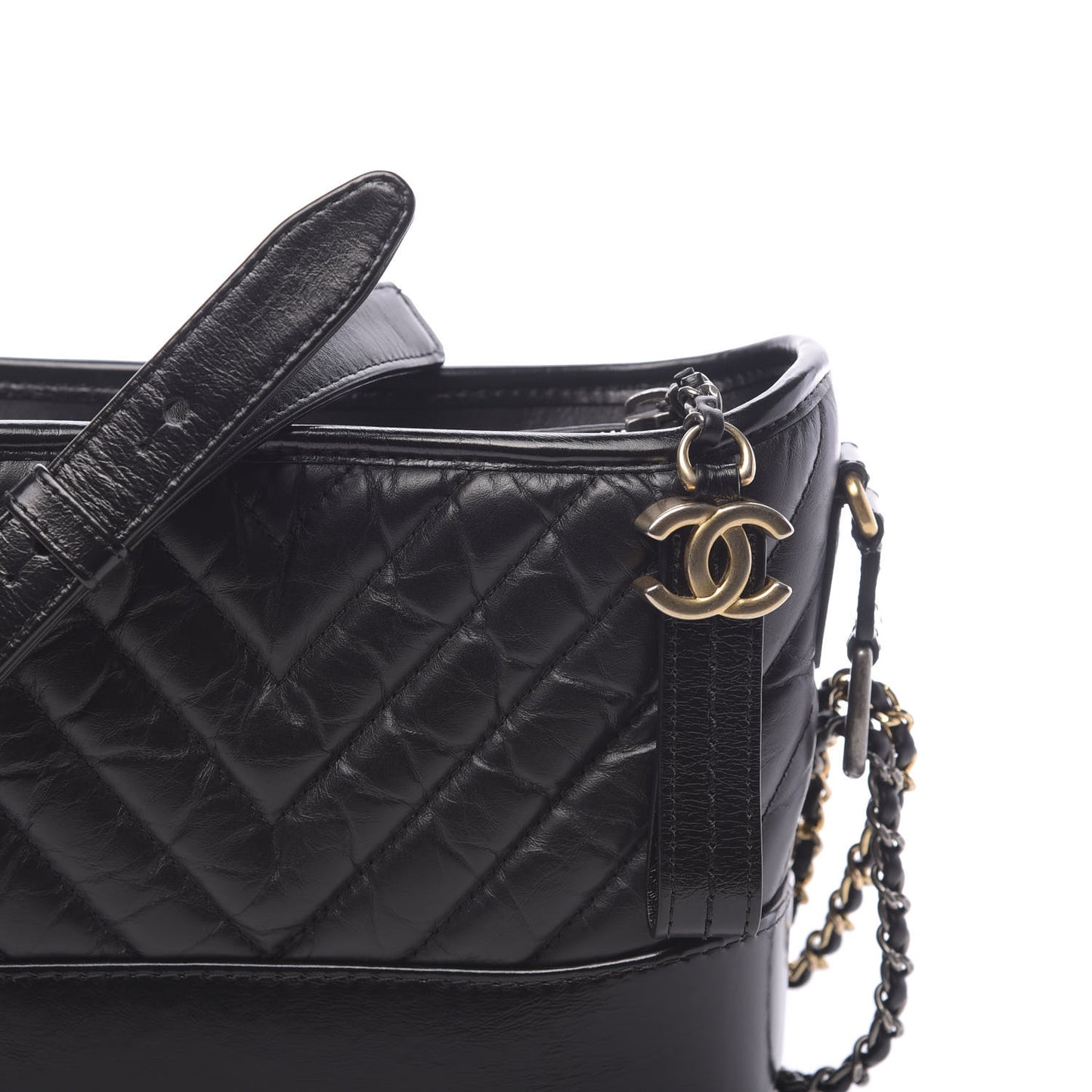 Aged Calfskin Chevron Quilted Small Gabrielle Hobo Black