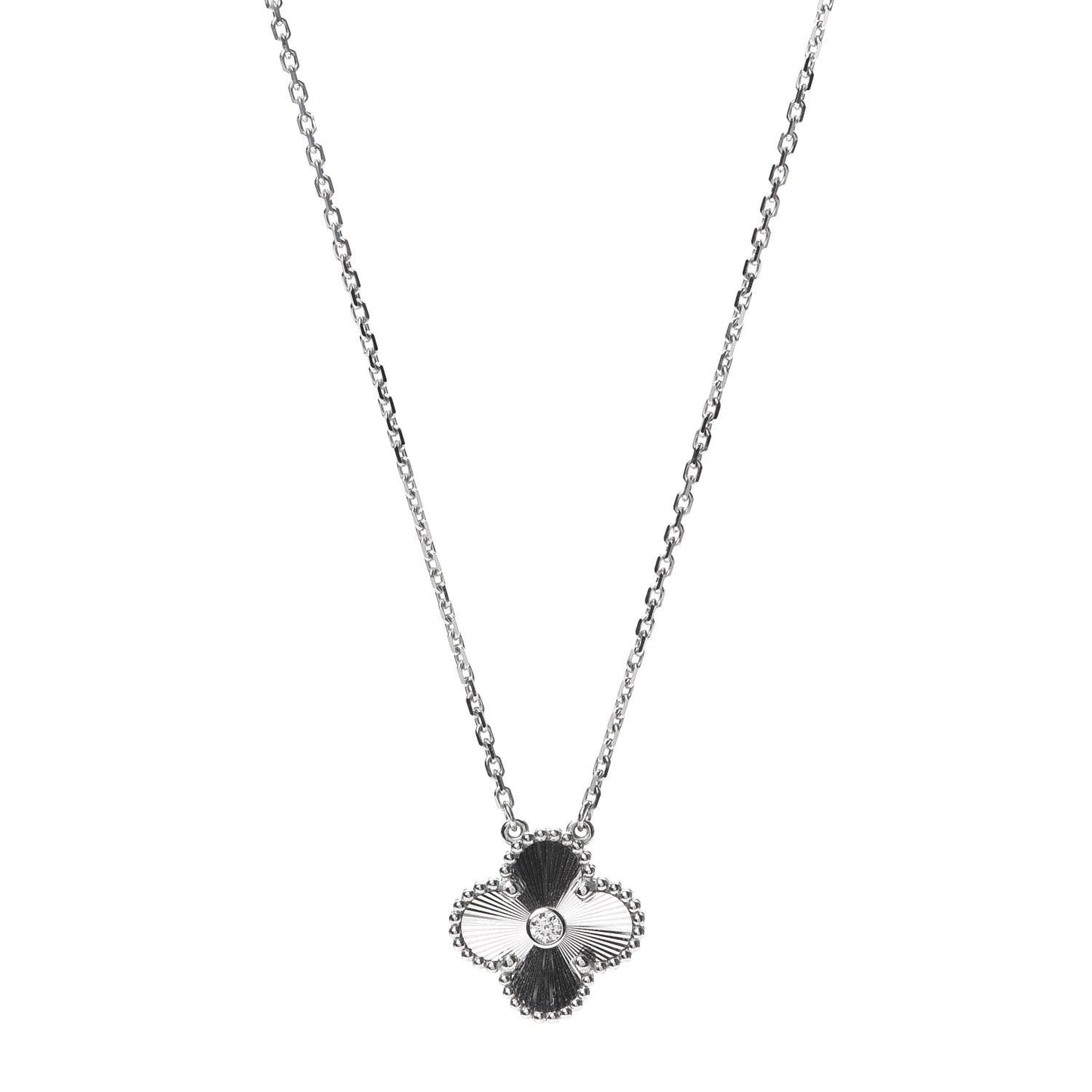18K White Gold Diamond Guilloche Vintage Alhambra Pendant Necklace