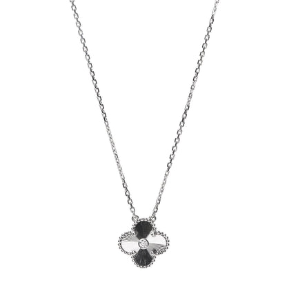 Van Cleef & Arpels 18K White Gold Diamond Guilloche Vintage Alhambra Pendant Necklace 1 of 8