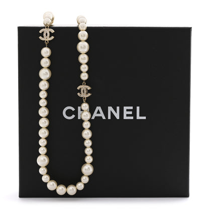 Chanel Graduated Pearl Crystal CC Long Necklace Light Gold 7 of 7