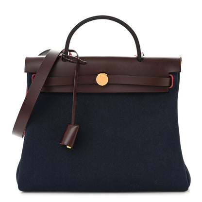 Hermes Toile Militaire Vache Hunter Herbag Zip Retourne 31 PM Rouge Sellier Bleu Marine 3 of 12